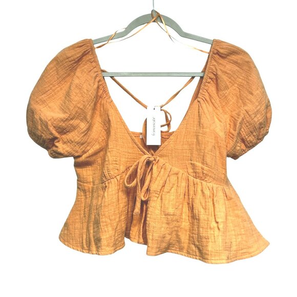 Francescas Charlie Textured Blouse Size M Puff Sleeves Gauze Cotton Cropped - Picture 1 of 8